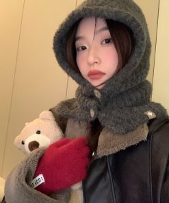 Korean Style Wool Knitted Scarf Hat for Women - 2025 Winter Cycling Neck Guard with Face-Shaping Design