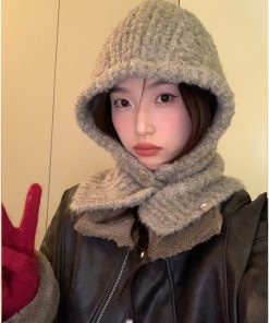 Korean Style Wool Knitted Scarf Hat for Women - 2025 Winter Cycling Neck Guard with Face-Shaping Design