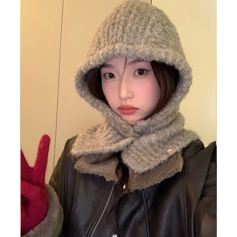 Korean Style Wool Knitted Scarf Hat for Women - 2025 Winter Cycling Neck Guard with Face-Shaping Design Korean Style Wool Knitted Scarf Hat for Women - 2025 Winter Cycling Neck Guard with Face-Shaping Design