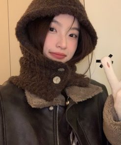 Korean Style Wool Knitted Scarf Hat for Women - 2025 Winter Cycling Neck Guard with Face-Shaping Design