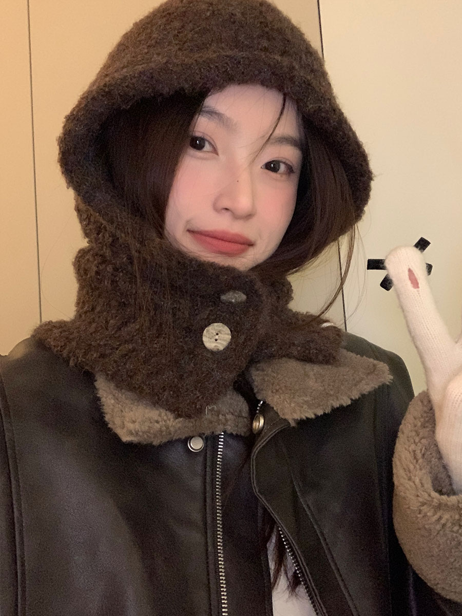 Korean Style Wool Knitted Scarf Hat for Women - 2025 Winter Cycling Neck Guard with Face-Shaping Design Korean Style Wool Knitted Scarf Hat for Women - 2025 Winter Cycling Neck Guard with Face-Shaping Design