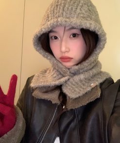 Korean Style Wool Knitted Scarf Hat for Women - 2025 Winter Cycling Neck Guard with Face-Shaping Design