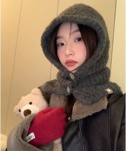 Korean Style Wool Knitted Scarf Hat for Women - 2025 Winter Cycling Neck Guard with Face-Shaping Design