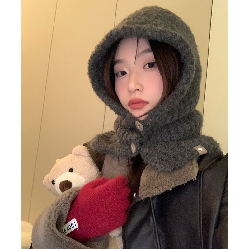 Korean Style Wool Knitted Scarf Hat for Women - 2025 Winter Cycling Neck Guard with Face-Shaping Design Korean Style Wool Knitted Scarf Hat for Women - 2025 Winter Cycling Neck Guard with Face-Shaping Design