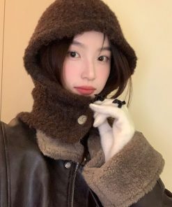Korean Style Wool Knitted Scarf Hat for Women - 2025 Winter Cycling Neck Guard with Face-Shaping Design