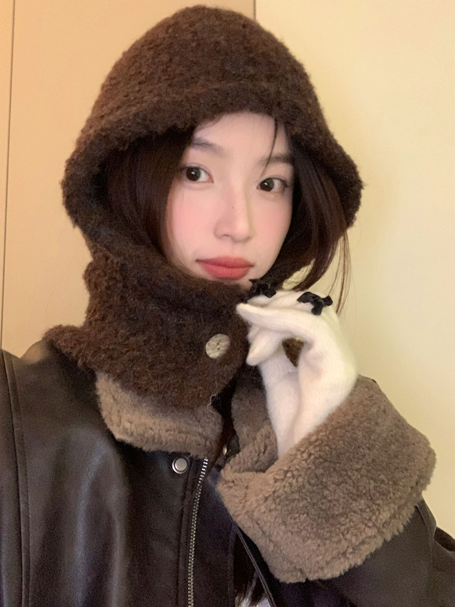 Korean Style Wool Knitted Scarf Hat for Women - 2025 Winter Cycling Neck Guard with Face-Shaping Design Korean Style Wool Knitted Scarf Hat for Women - 2025 Winter Cycling Neck Guard with Face-Shaping Design
