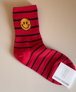 Korean Style Year of the Snake Red Striped Smiley Face Cotton Socks - High-Quality Fashionable Short Socks Gift