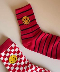 Korean Style Year of the Snake Red Striped Smiley Face Cotton Socks - High-Quality Fashionable Short Socks Gift