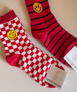 Korean Style Year of the Snake Red Striped Smiley Face Cotton Socks - High-Quality Fashionable Short Socks Gift