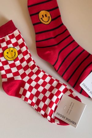Korean Style Year of the Snake Red Striped Smiley Face Cotton Socks - High-Quality Fashionable Short Socks Gift