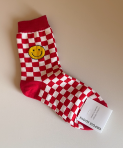 Korean Style Year of the Snake Red Striped Smiley Face Cotton Socks - High-Quality Fashionable Short Socks Gift
