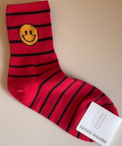 Korean Style Year of the Snake Red Striped Smiley Face Cotton Socks - High-Quality Fashionable Short Socks Gift
