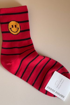 Korean Style Year of the Snake Red Striped Smiley Face Cotton Socks - High-Quality Fashionable Short Socks Gift