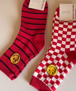 Korean Style Year of the Snake Red Striped Smiley Face Cotton Socks - High-Quality Fashionable Short Socks Gift