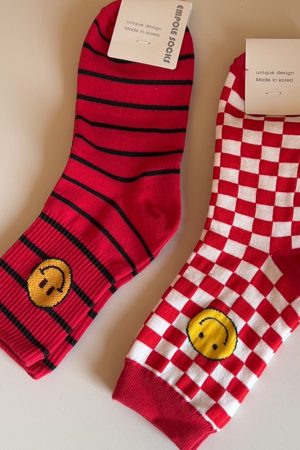 Korean Style Year of the Snake Red Striped Smiley Face Cotton Socks - High-Quality Fashionable Short Socks Gift
