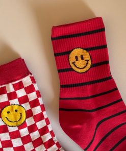 Korean Style Year of the Snake Red Striped Smiley Face Cotton Socks - High-Quality Fashionable Short Socks Gift