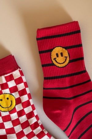 Korean Style Year of the Snake Red Striped Smiley Face Cotton Socks - High-Quality Fashionable Short Socks Gift