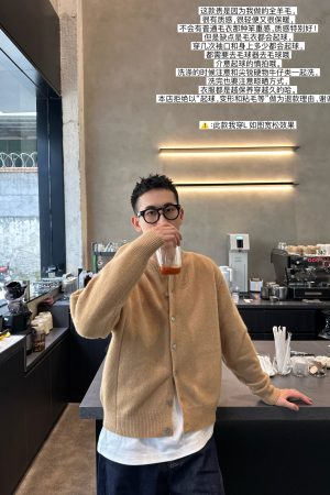 Korean Style Yellow Wool Cardigan Jacket for Men - Casual Minimalist Autumn Winter Top