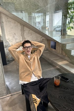 Korean Style Yellow Wool Cardigan Jacket for Men - Casual Minimalist Autumn Winter Top