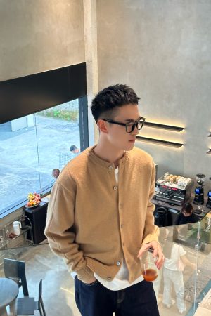 Korean Style Yellow Wool Cardigan Jacket for Men - Casual Minimalist Autumn Winter Top