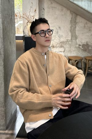 Korean Style Yellow Wool Cardigan Jacket for Men - Casual Minimalist Autumn Winter Top