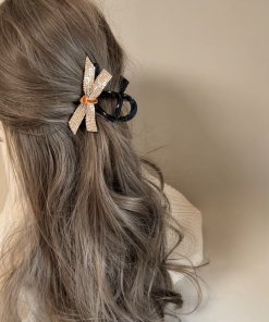 Korean Velvet Butterfly Knot Hair Clip - Ultra-Shiny Rhinestone Medium-Sized Hair Claw for Stylish Looks