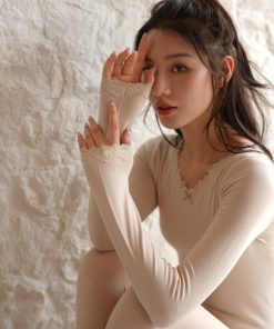 Lace Autumn Top and Pants Set with Bow Tie - Warm Thermal Underwear, Cashmere Feel, Gentle and Sweet Style