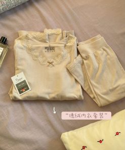 Lace Autumn Top and Pants Set with Bow Tie - Warm Thermal Underwear, Cashmere Feel, Gentle and Sweet Style
