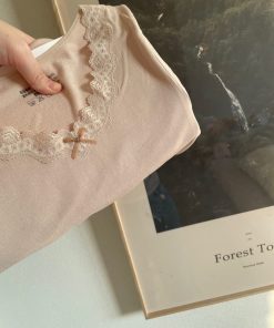 Lace Autumn Top and Pants Set with Bow Tie - Warm Thermal Underwear, Cashmere Feel, Gentle and Sweet Style