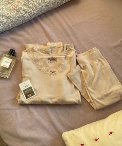 Lace Autumn Top and Pants Set with Bow Tie - Warm Thermal Underwear, Cashmere Feel, Gentle and Sweet Style