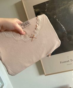 Lace Autumn Top and Pants Set with Bow Tie - Warm Thermal Underwear, Cashmere Feel, Gentle and Sweet Style