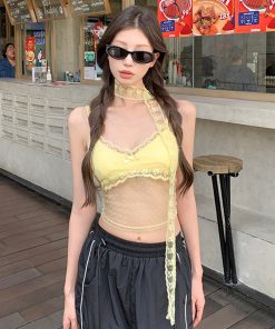 Lace Camisole Top with Polka Dots - Slightly Sheer Cool Sweet Cream Design for Hot Girl Aesthetic, Y2K Style