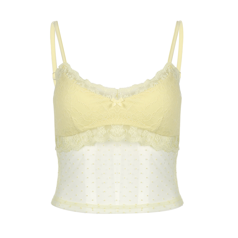 Lace Camisole Top with Polka Dots - Slightly Sheer Cool Sweet Cream Design for Hot Girl Aesthetic, Y2K Style Lace Camisole Top with Polka Dots - Slightly Sheer Cool Sweet Cream Design for Hot Girl Aesthetic, Y2K Style