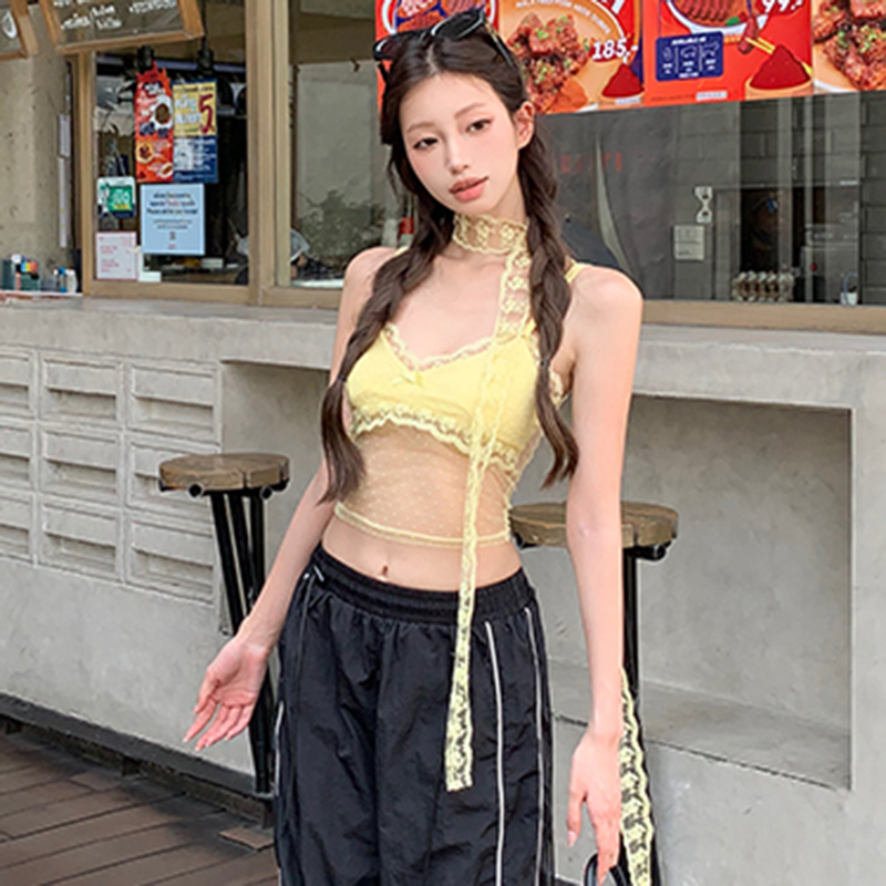 Lace Camisole Top with Polka Dots - Slightly Sheer Cool Sweet Cream Design for Hot Girl Aesthetic, Y2K Style Lace Camisole Top with Polka Dots - Slightly Sheer Cool Sweet Cream Design for Hot Girl Aesthetic, Y2K Style