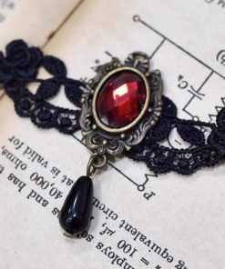 Lace Choker Necklace in Dark Vintage Style with Red Beads | Lolita Clavicle Chain Accessory