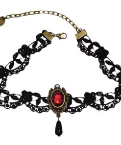 Lace Choker Necklace in Dark Vintage Style with Red Beads | Lolita Clavicle Chain Accessory