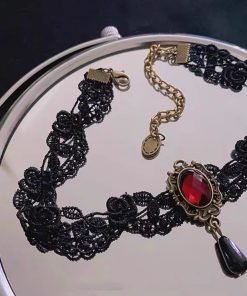 Lace Choker Necklace in Dark Vintage Style with Red Beads | Lolita Clavicle Chain Accessory