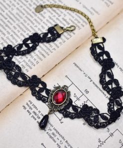 Lace Choker Necklace in Dark Vintage Style with Red Beads | Lolita Clavicle Chain Accessory