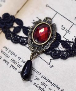 Lace Choker Necklace in Dark Vintage Style with Red Beads | Lolita Clavicle Chain Accessory