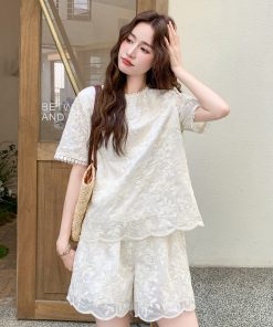 Lace Embroidered Short Sleeve Two-Piece Set for Women - 2025 Summer Korean Style with Versatile Heavy-Duty Wide-Leg Shorts