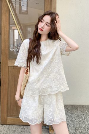 Lace Embroidered Short Sleeve Two-Piece Set for Women - 2025 Summer Korean Style with Versatile Heavy-Duty Wide-Leg Shorts