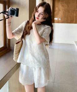 Lace Embroidered Short Sleeve Two-Piece Set for Women - 2025 Summer Korean Style with Versatile Heavy-Duty Wide-Leg Shorts