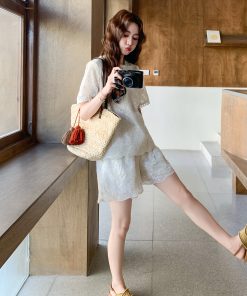 Lace Embroidered Short Sleeve Two-Piece Set for Women - 2025 Summer Korean Style with Versatile Heavy-Duty Wide-Leg Shorts