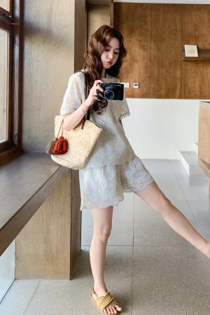 Lace Embroidered Short Sleeve Two-Piece Set for Women - 2025 Summer Korean Style with Versatile Heavy-Duty Wide-Leg Shorts