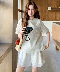 Lace Embroidered Short Sleeve Two-Piece Set for Women - 2025 Summer Korean Style with Versatile Heavy-Duty Wide-Leg Shorts