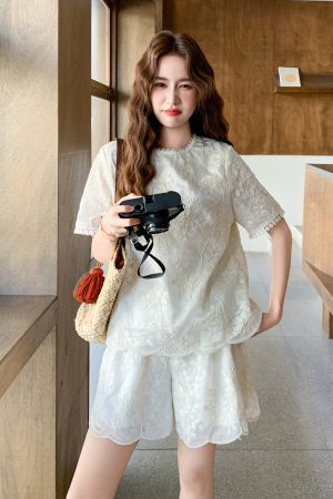 Lace Embroidered Short Sleeve Two-Piece Set for Women - 2025 Summer Korean Style with Versatile Heavy-Duty Wide-Leg Shorts