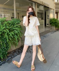 Lace Embroidered Short Sleeve Two-Piece Set for Women - 2025 Summer Korean Style with Versatile Heavy-Duty Wide-Leg Shorts
