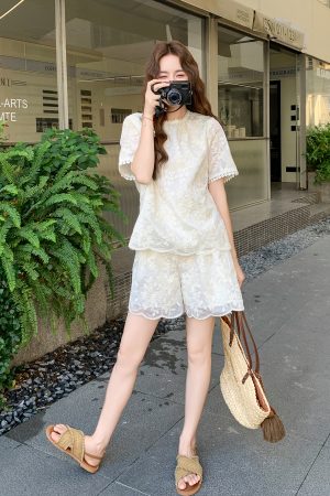 Lace Embroidered Short Sleeve Two-Piece Set for Women - 2025 Summer Korean Style with Versatile Heavy-Duty Wide-Leg Shorts