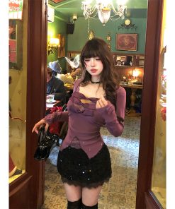 Lace Embroidery Knitted Sweater for Women - Hot Girl V-Neck Long Sleeve Slim Fit Top in Purple for Autumn Winter Fashion