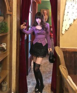 Lace Embroidery Knitted Sweater for Women - Hot Girl V-Neck Long Sleeve Slim Fit Top in Purple for Autumn Winter Fashion